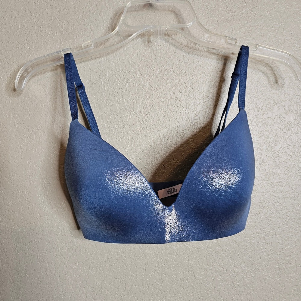 Victorias Secret Metallic Blue Foil Wireless T-Shirt Bra 32D No Wire Plunge‎